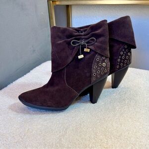 libby. edelman Dark Brown Suede Fold-Over Ankle Boots with Grommet Detail